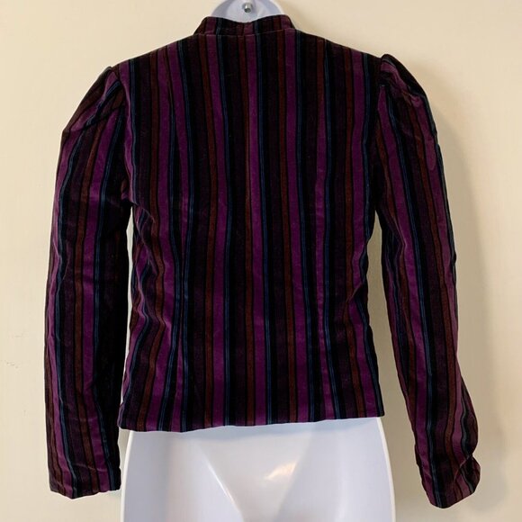 Striped Multicolor Purple Velvet Slim Jacket Balloon Sleeves By LAWRENCE 70s - Picture 4 of 5